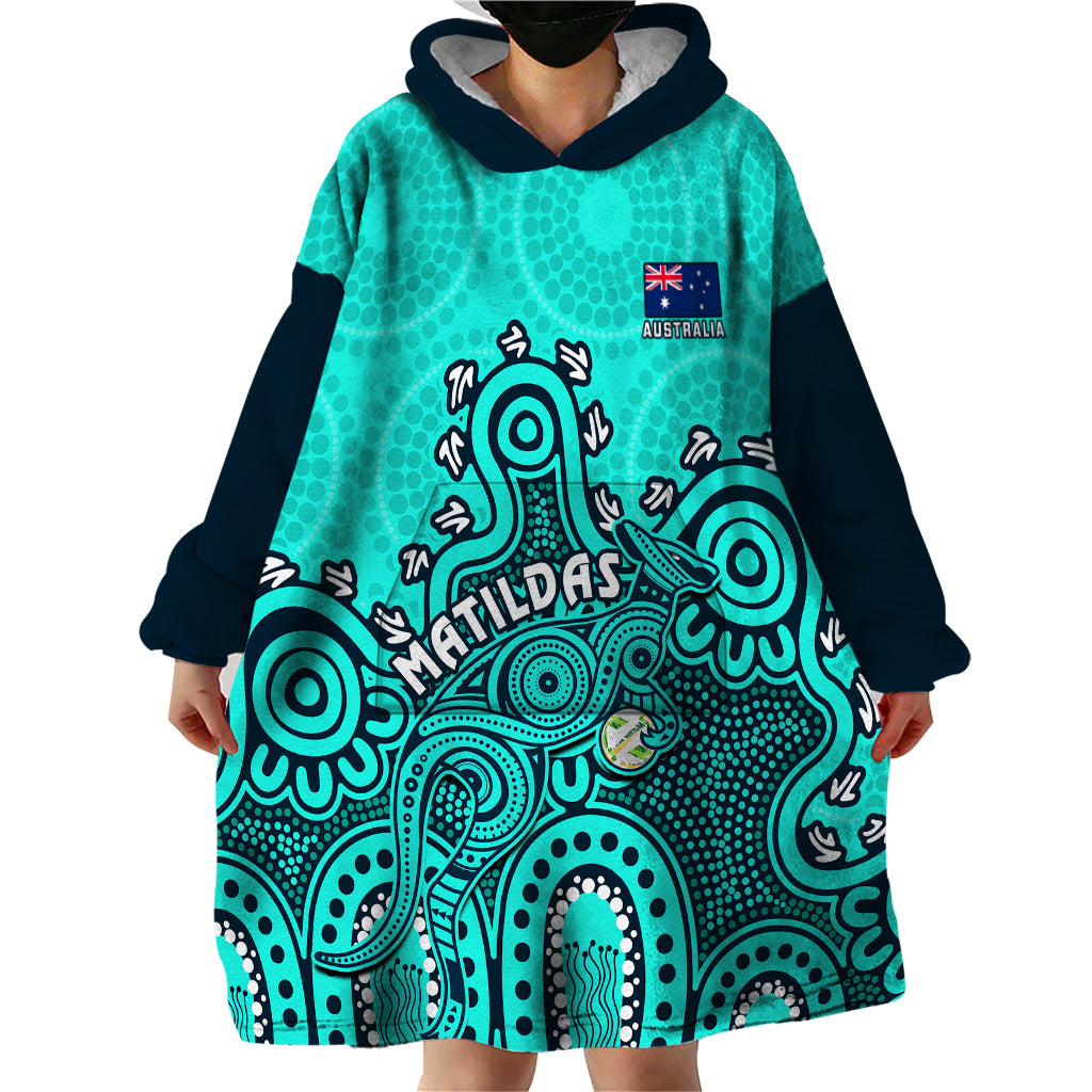 Personalised Australia Soccer Wearable Blanket Hoodie Aboriginal Turquoise 2023 World Cup With Kangaroo - Vibe Hoodie Shop