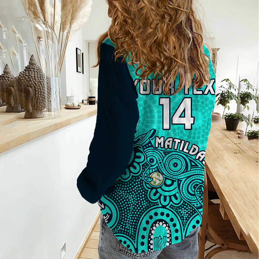 Personalised Australia Soccer Women Casual Shirt Aboriginal Turquoise 2023 World Cup With Kangaroo - Vibe Hoodie Shop