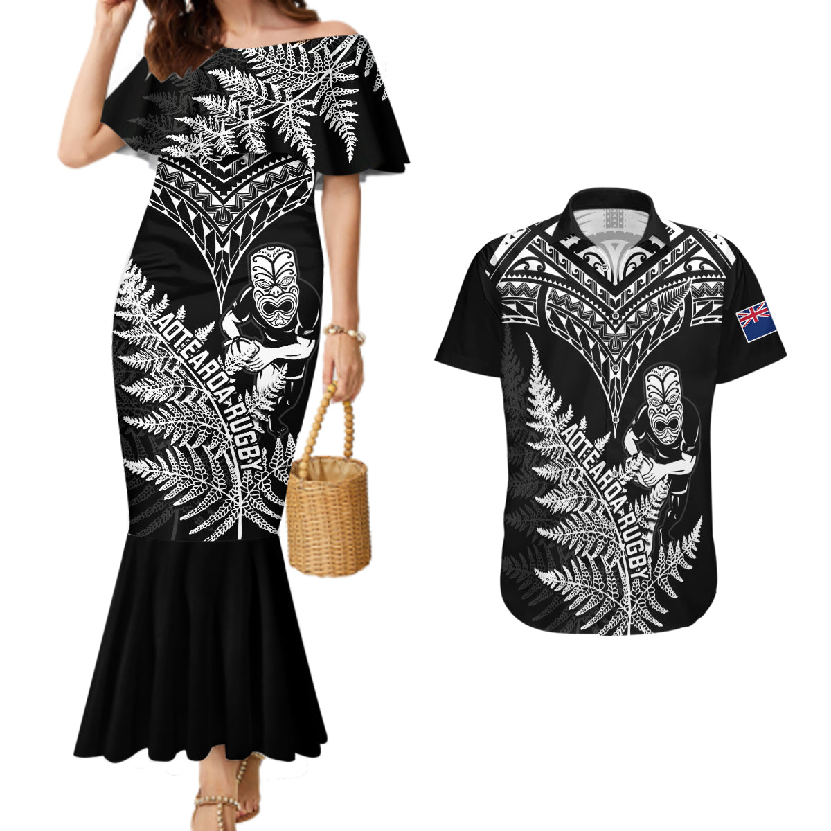 new-zealand-silver-fern-rugby-couples-matching-mermaid-dress-and-hawaiian-shirt-go-all-black-2023-world-cup