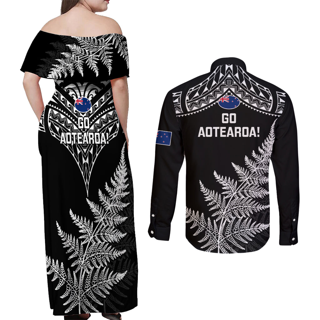 new-zealand-silver-fern-rugby-couples-matching-off-shoulder-maxi-dress-and-long-sleeve-button-shirts-go-all-black-2023-world-cup