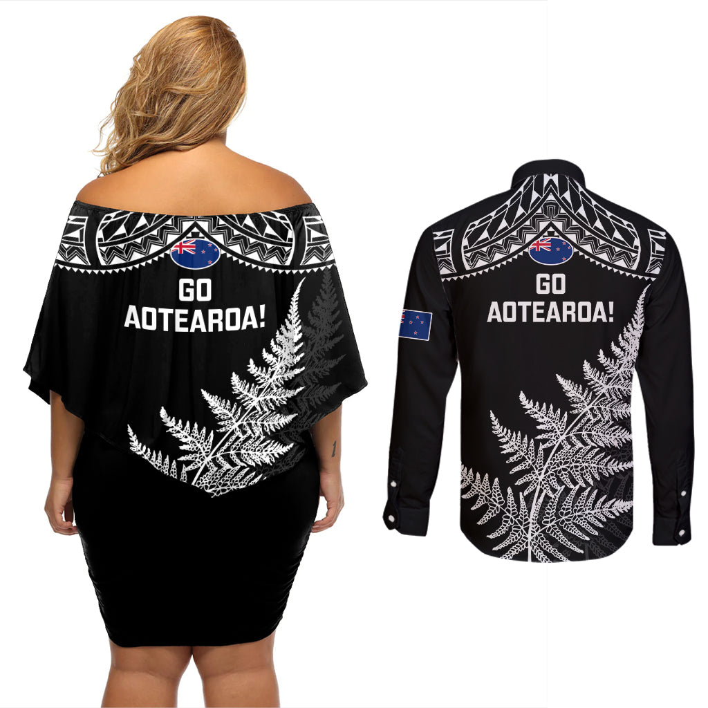 new-zealand-silver-fern-rugby-couples-matching-off-shoulder-short-dress-and-long-sleeve-button-shirts-go-all-black-2023-world-cup