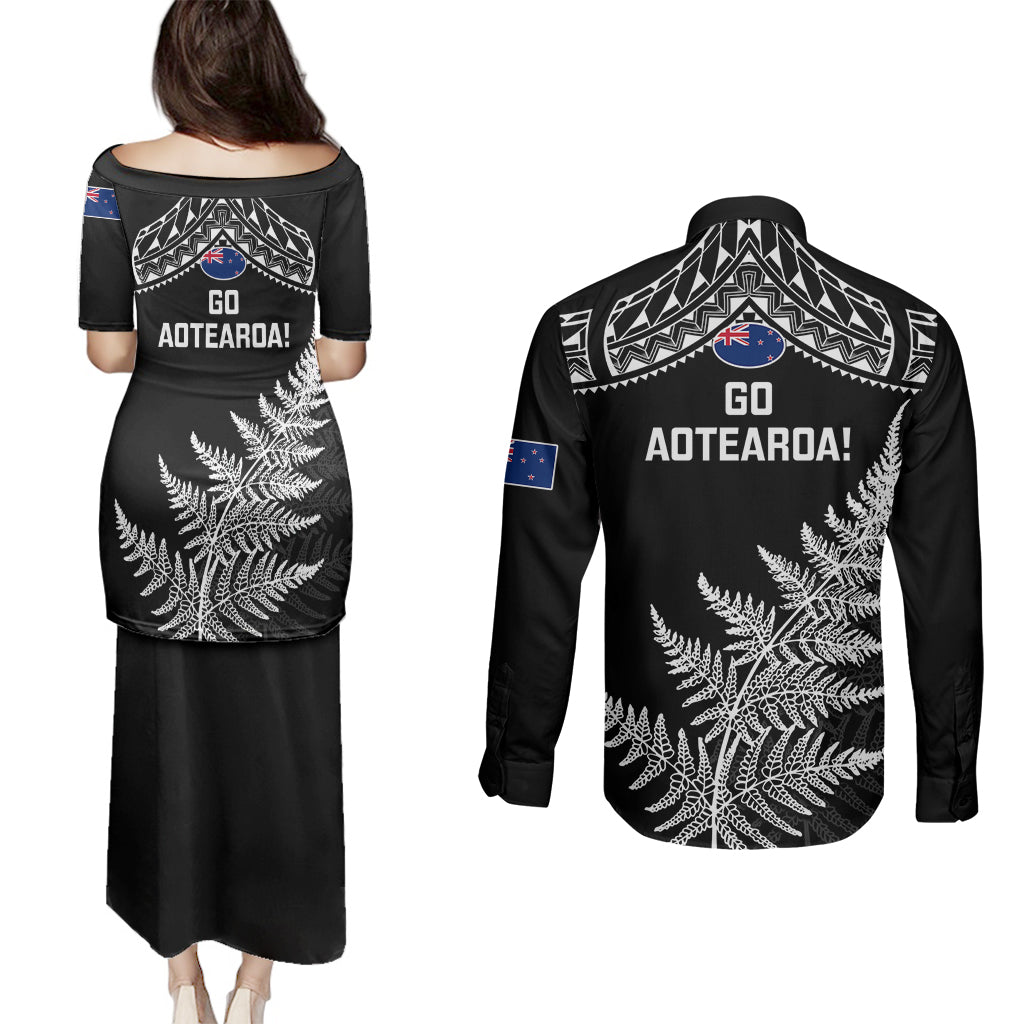 new-zealand-silver-fern-rugby-couples-matching-puletasi-dress-and-long-sleeve-button-shirts-go-all-black-2023-world-cup
