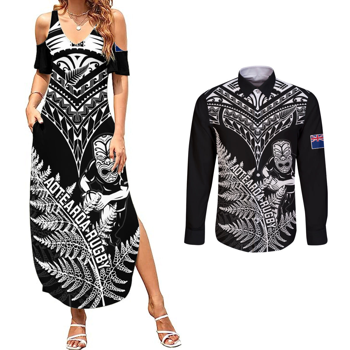 new-zealand-silver-fern-rugby-couples-matching-summer-maxi-dress-and-long-sleeve-button-shirts-go-all-black-2023-world-cup