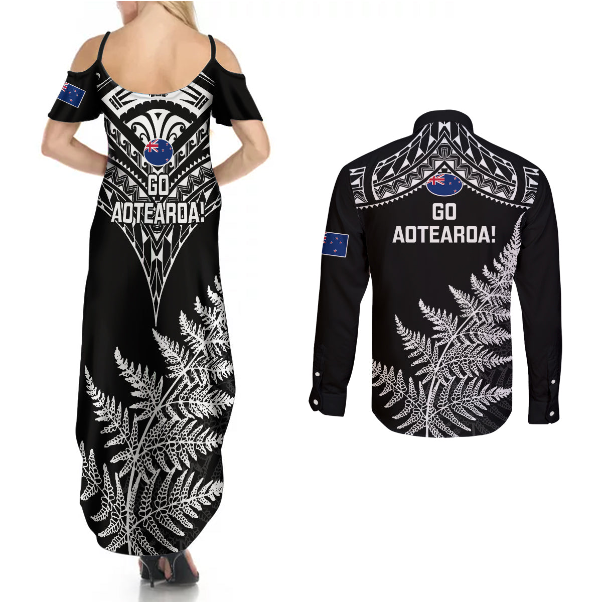 new-zealand-silver-fern-rugby-couples-matching-summer-maxi-dress-and-long-sleeve-button-shirts-go-all-black-2023-world-cup