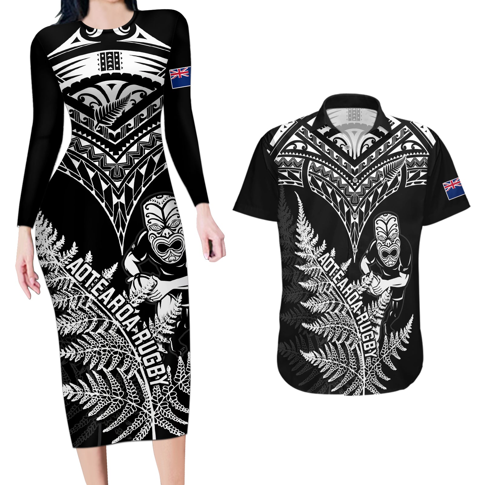 personalised-new-zealand-silver-fern-rugby-couples-matching-long-sleeve-bodycon-dress-and-hawaiian-shirt-go-all-black-2023-world-cup