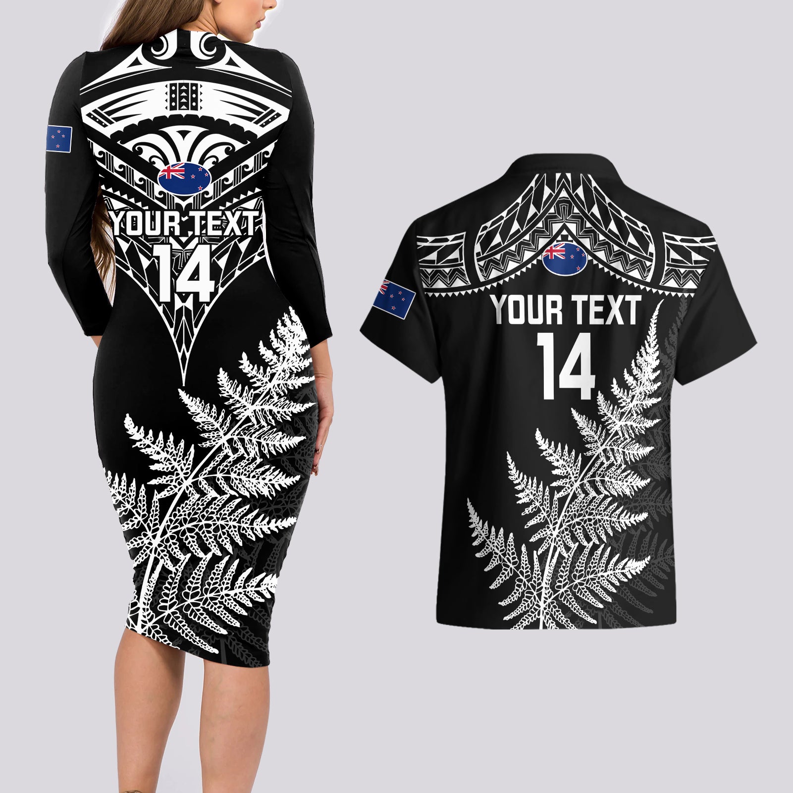 personalised-new-zealand-silver-fern-rugby-couples-matching-long-sleeve-bodycon-dress-and-hawaiian-shirt-go-all-black-2023-world-cup