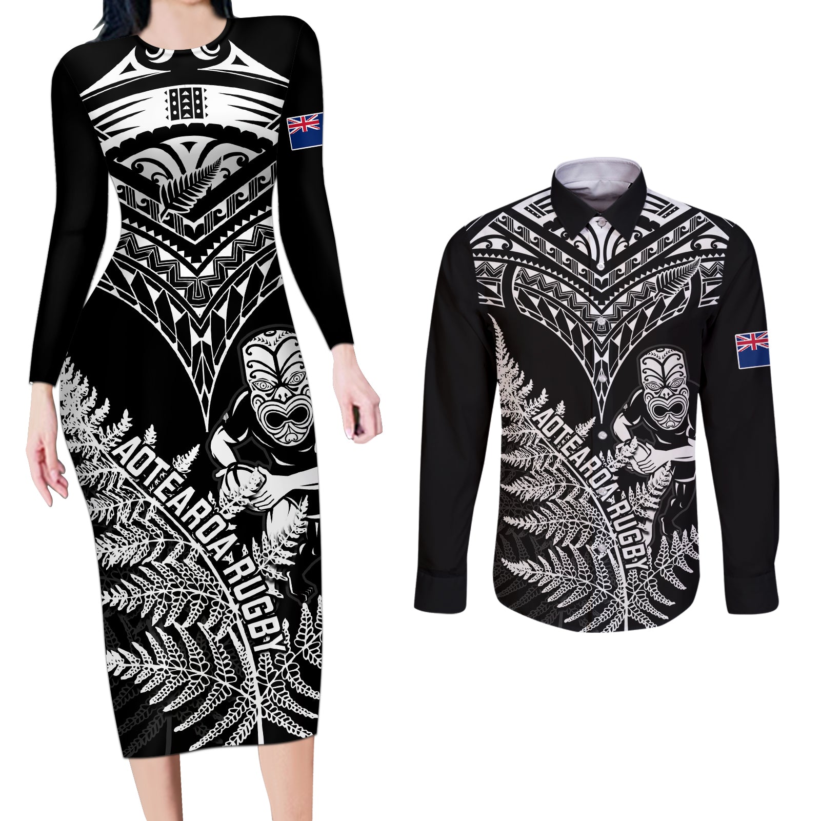 personalised-new-zealand-silver-fern-rugby-couples-matching-long-sleeve-bodycon-dress-and-long-sleeve-button-shirts-go-all-black-2023-world-cup