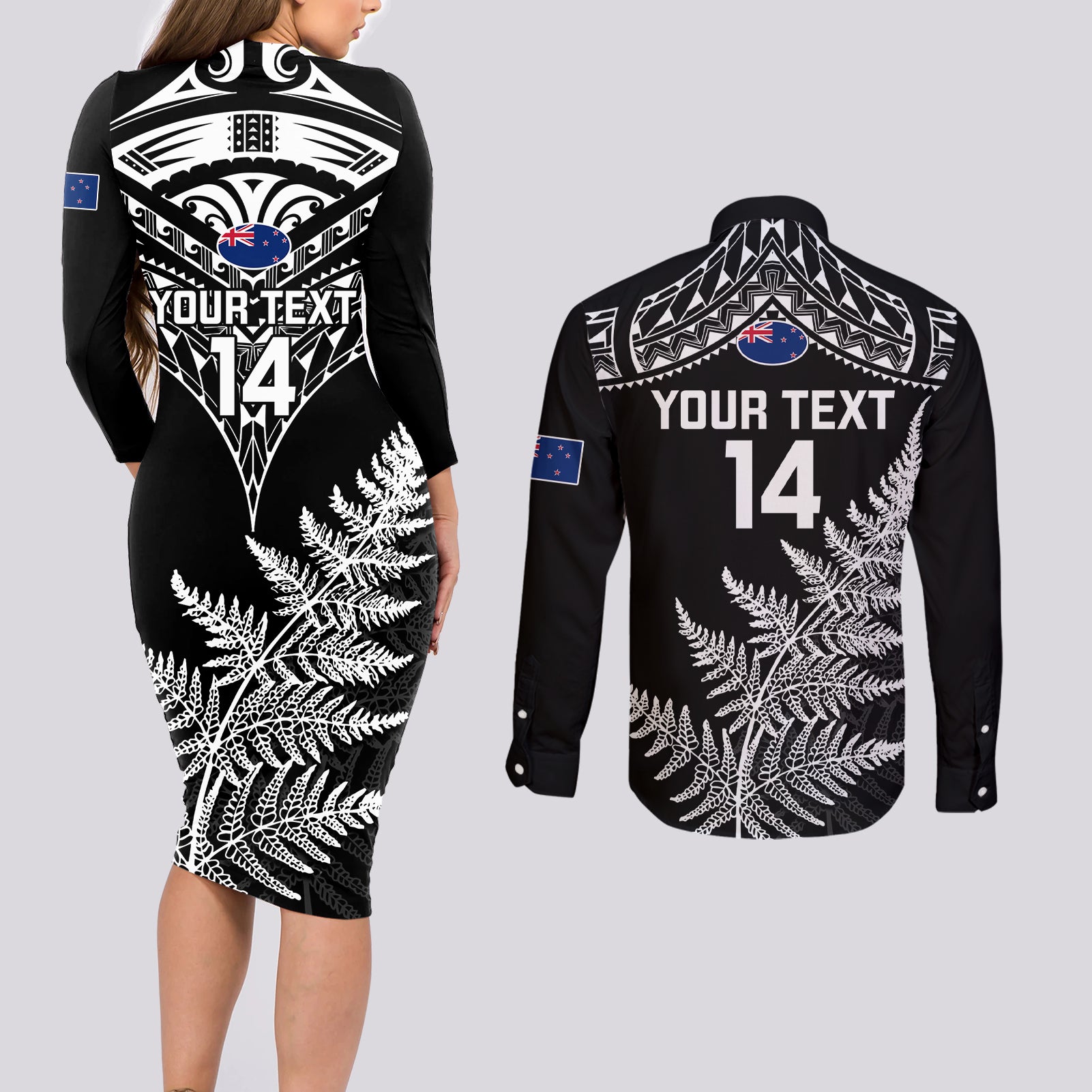 personalised-new-zealand-silver-fern-rugby-couples-matching-long-sleeve-bodycon-dress-and-long-sleeve-button-shirts-go-all-black-2023-world-cup