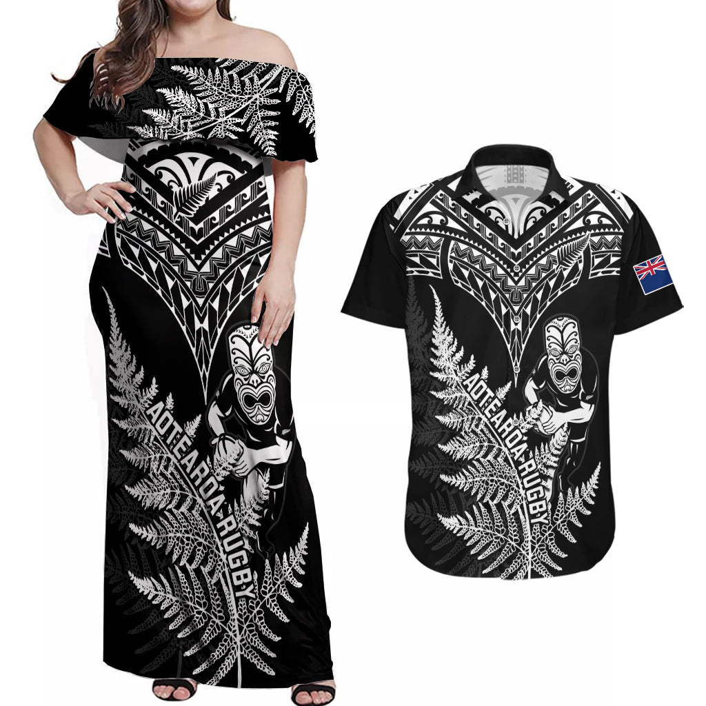 personalised-new-zealand-silver-fern-rugby-couples-matching-off-shoulder-maxi-dress-and-hawaiian-shirt-go-all-black-2023-world-cup