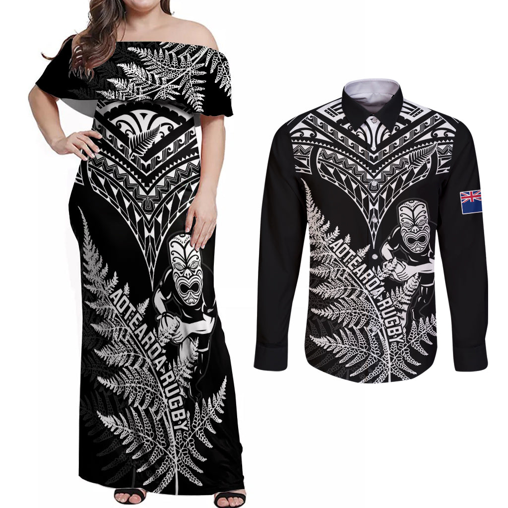 personalised-new-zealand-silver-fern-rugby-couples-matching-off-shoulder-maxi-dress-and-long-sleeve-button-shirts-go-all-black-2023-world-cup