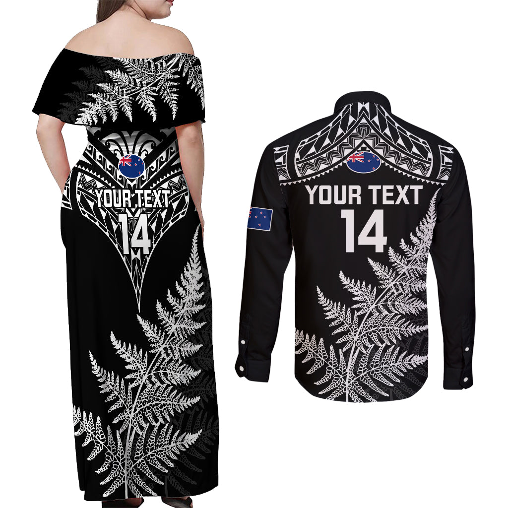 personalised-new-zealand-silver-fern-rugby-couples-matching-off-shoulder-maxi-dress-and-long-sleeve-button-shirts-go-all-black-2023-world-cup