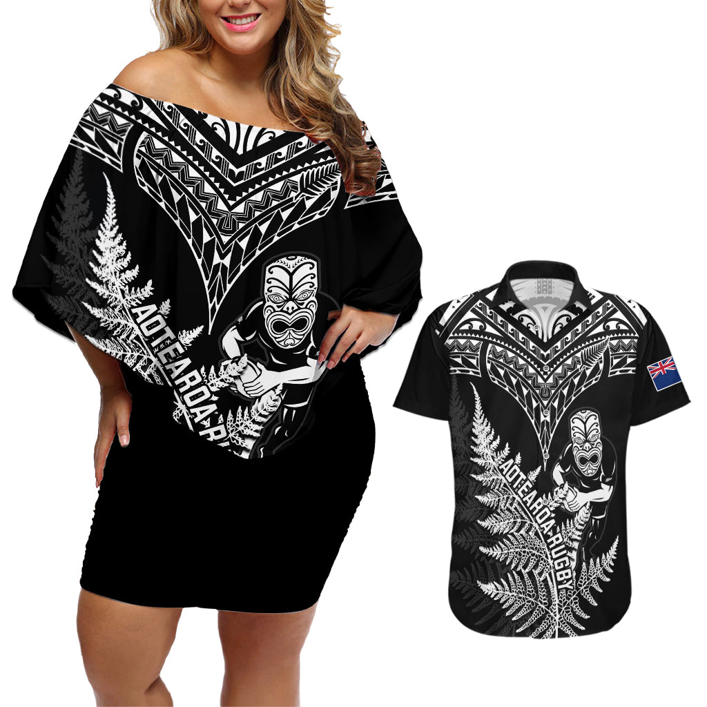 personalised-new-zealand-silver-fern-rugby-couples-matching-off-shoulder-short-dress-and-hawaiian-shirt-go-all-black-2023-world-cup