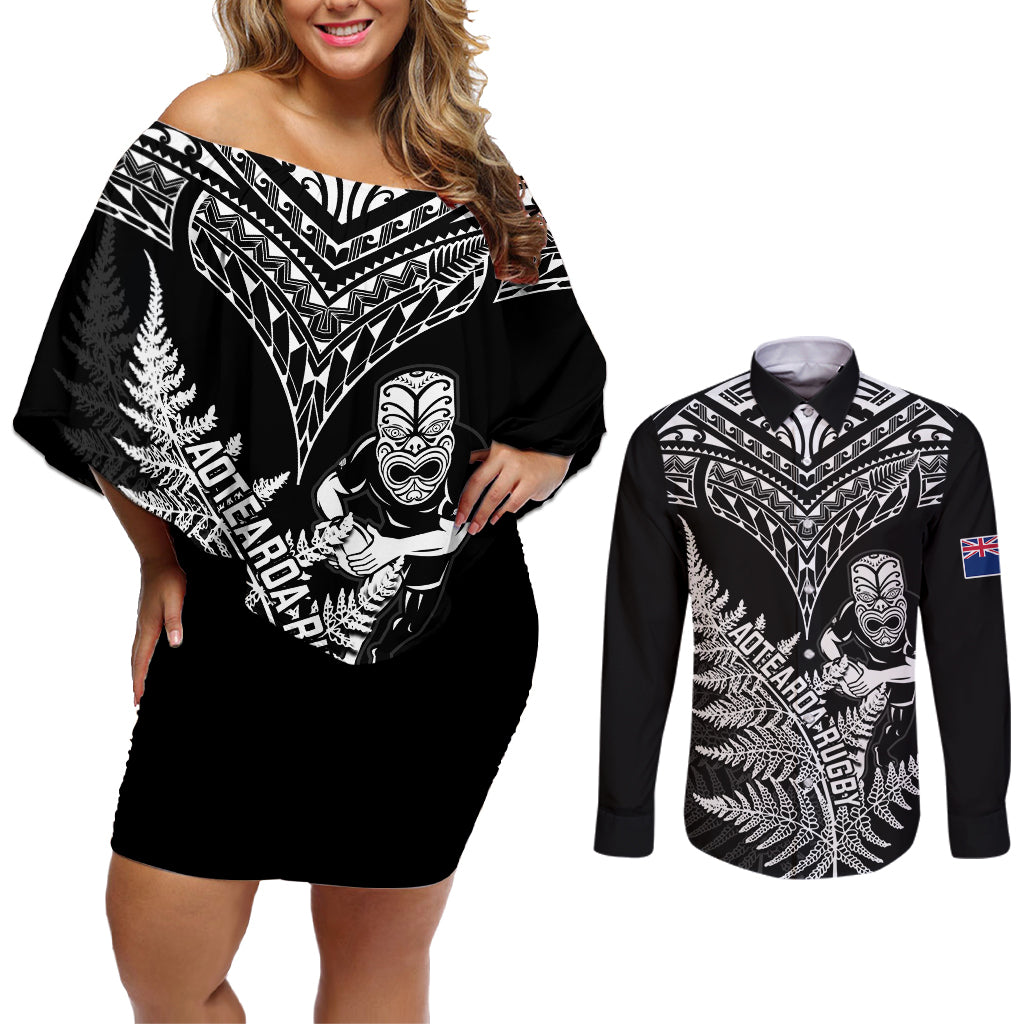 personalised-new-zealand-silver-fern-rugby-couples-matching-off-shoulder-short-dress-and-long-sleeve-button-shirts-go-all-black-2023-world-cup