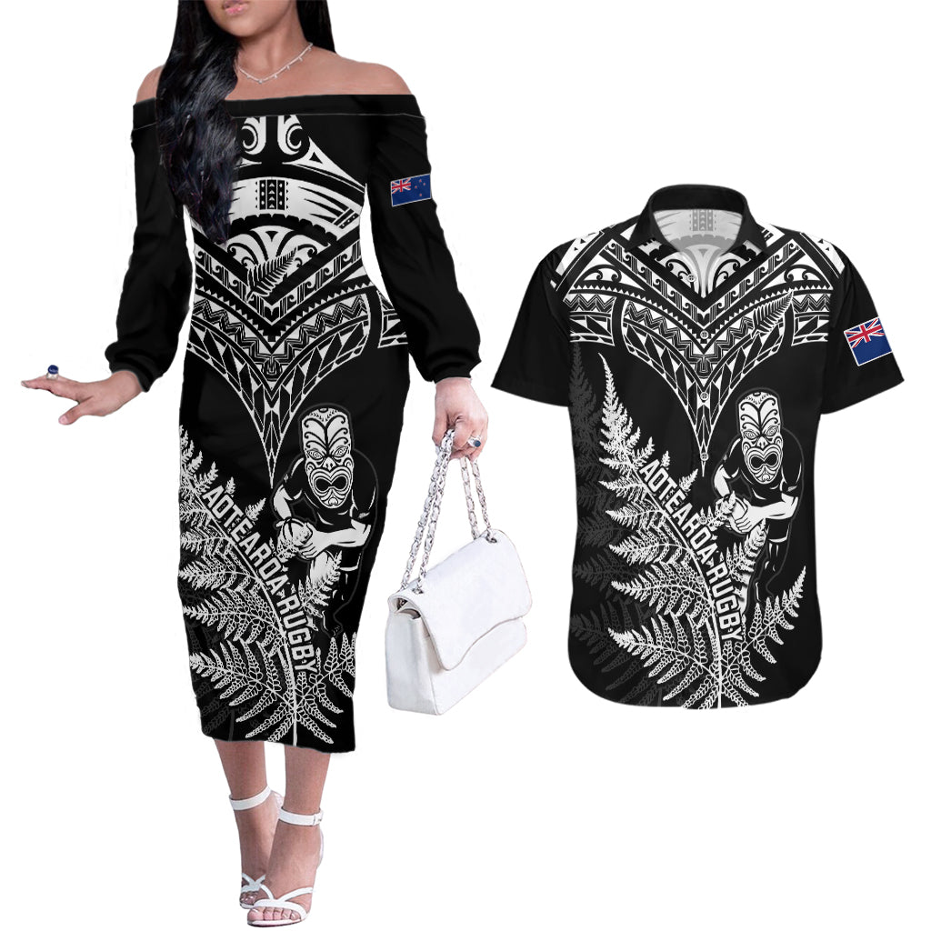 personalised-new-zealand-silver-fern-rugby-couples-matching-off-the-shoulder-long-sleeve-dress-and-hawaiian-shirt-go-all-black-2023-world-cup