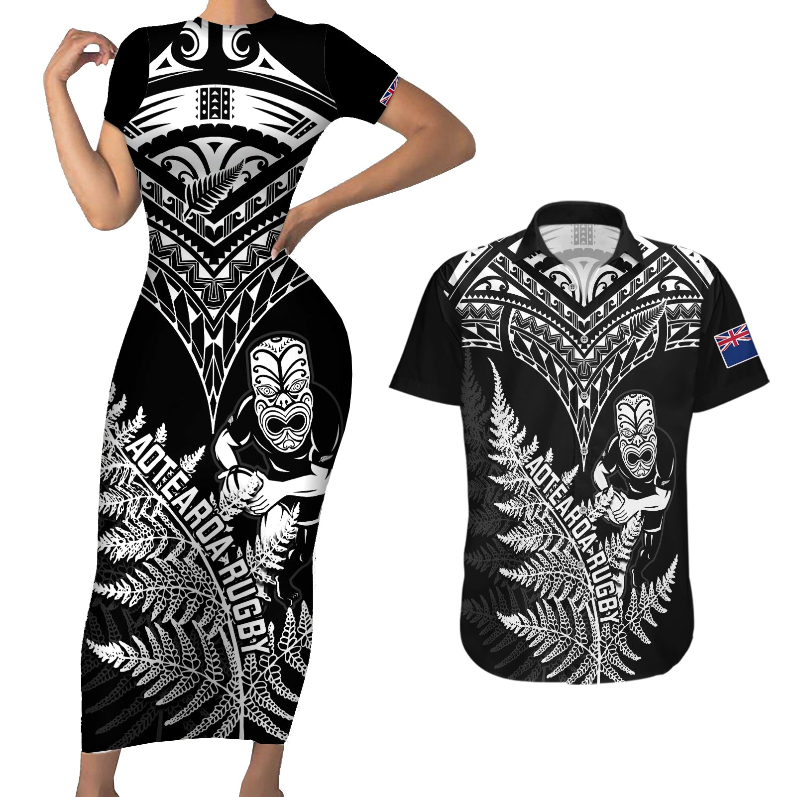 personalised-new-zealand-silver-fern-rugby-couples-matching-short-sleeve-bodycon-dress-and-hawaiian-shirt-go-all-black-2023-world-cup
