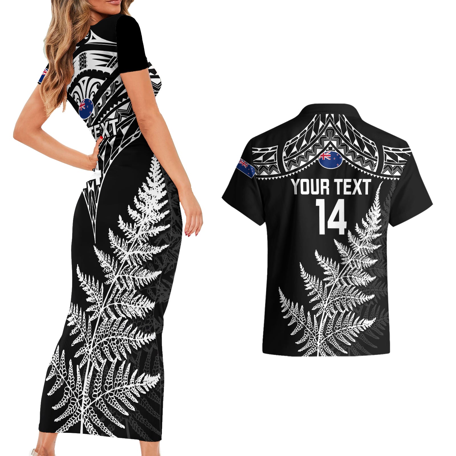 personalised-new-zealand-silver-fern-rugby-couples-matching-short-sleeve-bodycon-dress-and-hawaiian-shirt-go-all-black-2023-world-cup