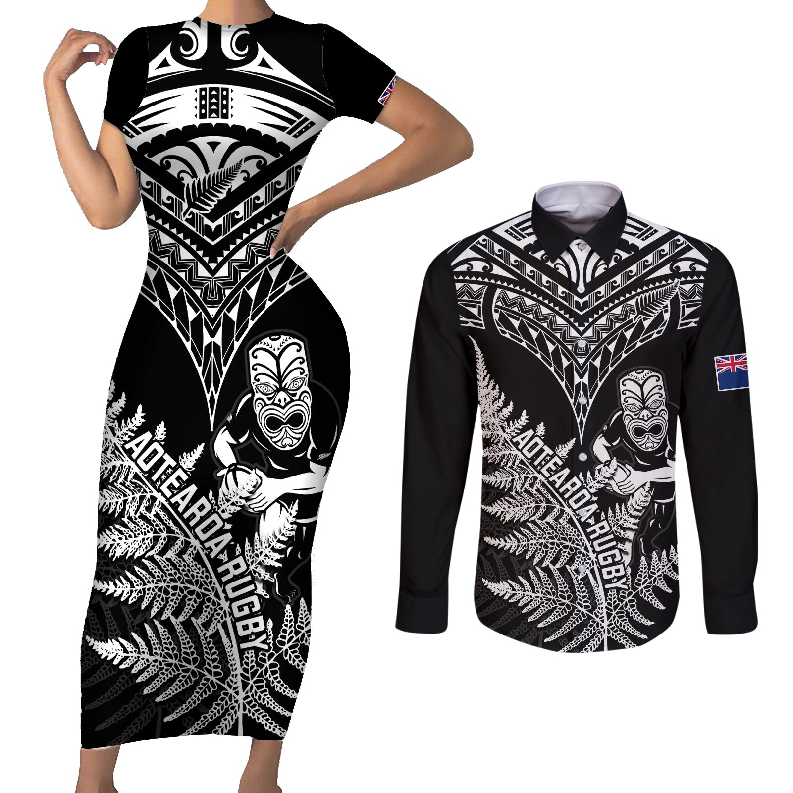 personalised-new-zealand-silver-fern-rugby-couples-matching-short-sleeve-bodycon-dress-and-long-sleeve-button-shirts-go-all-black-2023-world-cup