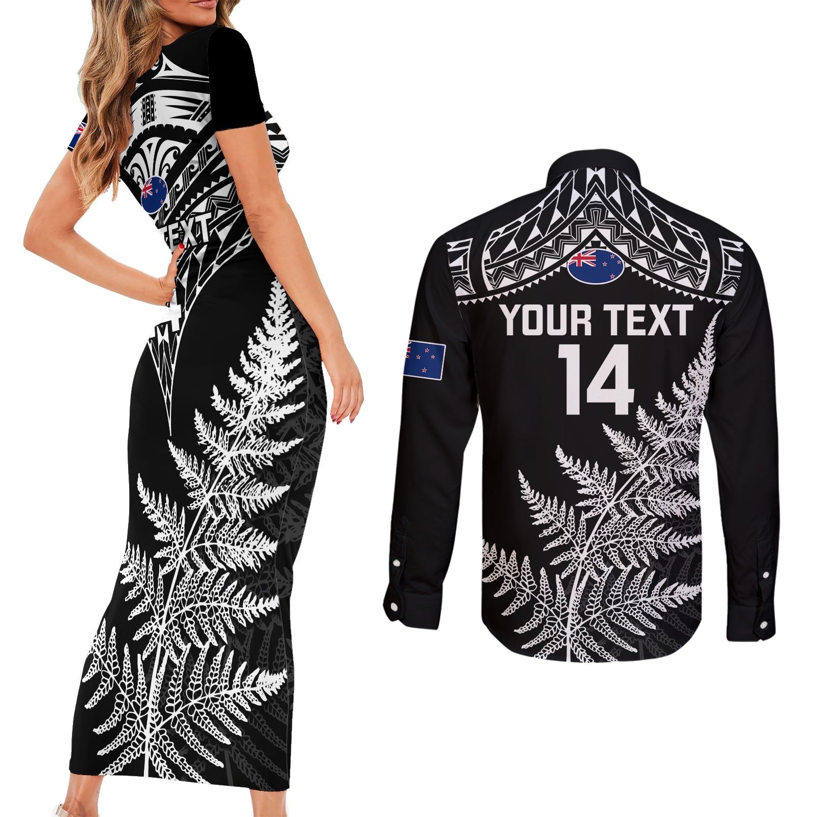 personalised-new-zealand-silver-fern-rugby-couples-matching-short-sleeve-bodycon-dress-and-long-sleeve-button-shirts-go-all-black-2023-world-cup