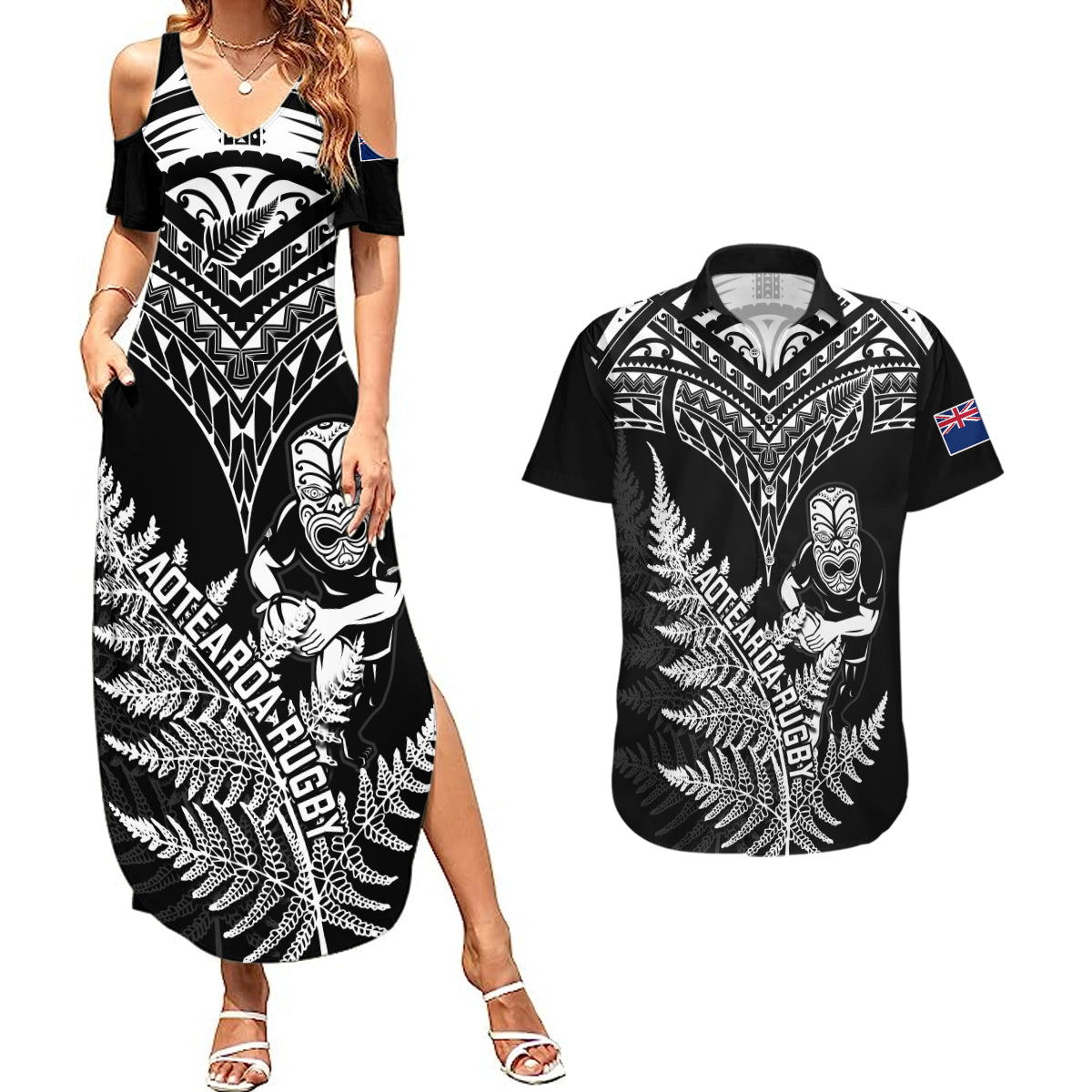 personalised-new-zealand-silver-fern-rugby-couples-matching-summer-maxi-dress-and-hawaiian-shirt-go-all-black-2023-world-cup