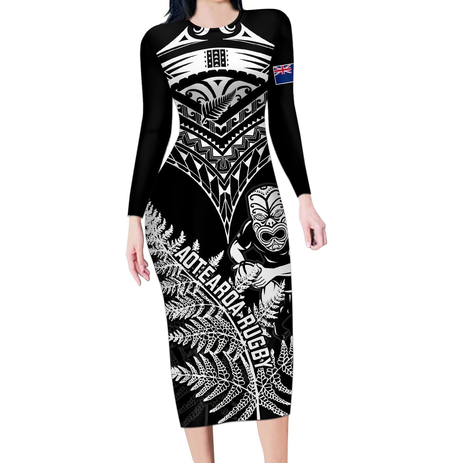 personalised-new-zealand-silver-fern-rugby-long-sleeve-bodycon-dress-go-all-black-2023-world-cup