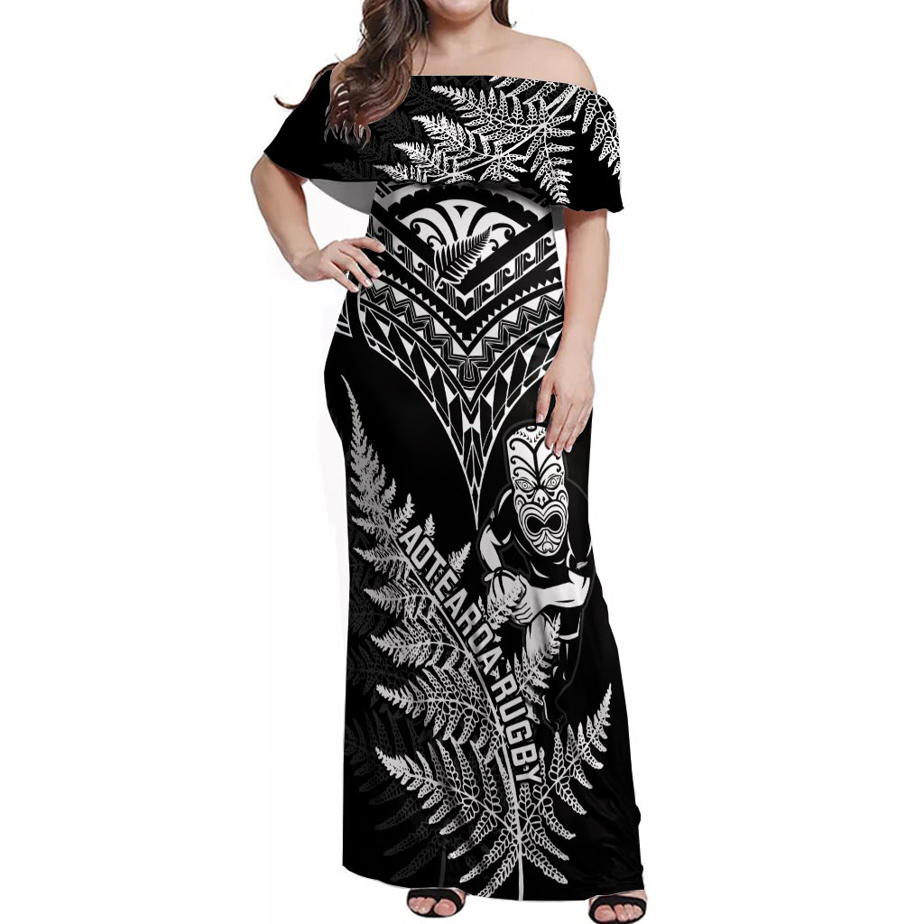 Personalised New Zealand Silver Fern Rugby Off Shoulder Maxi Dress Go All Black 2023 World Cup - Vibe Hoodie Shop