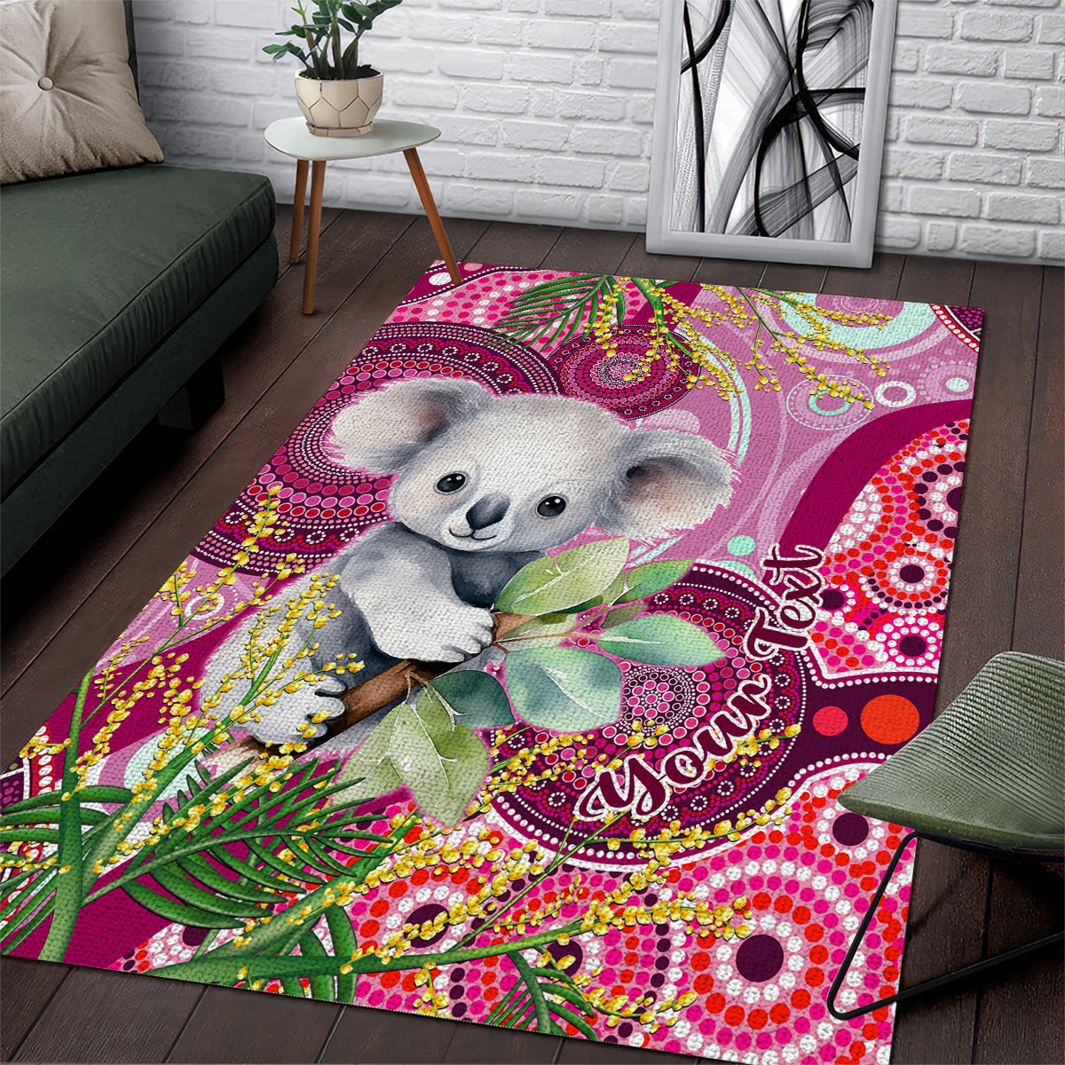 Personalised Australia Area Rug Cute Koala With Golden Wattle Indigenous Art - Vibe Hoodie Shop