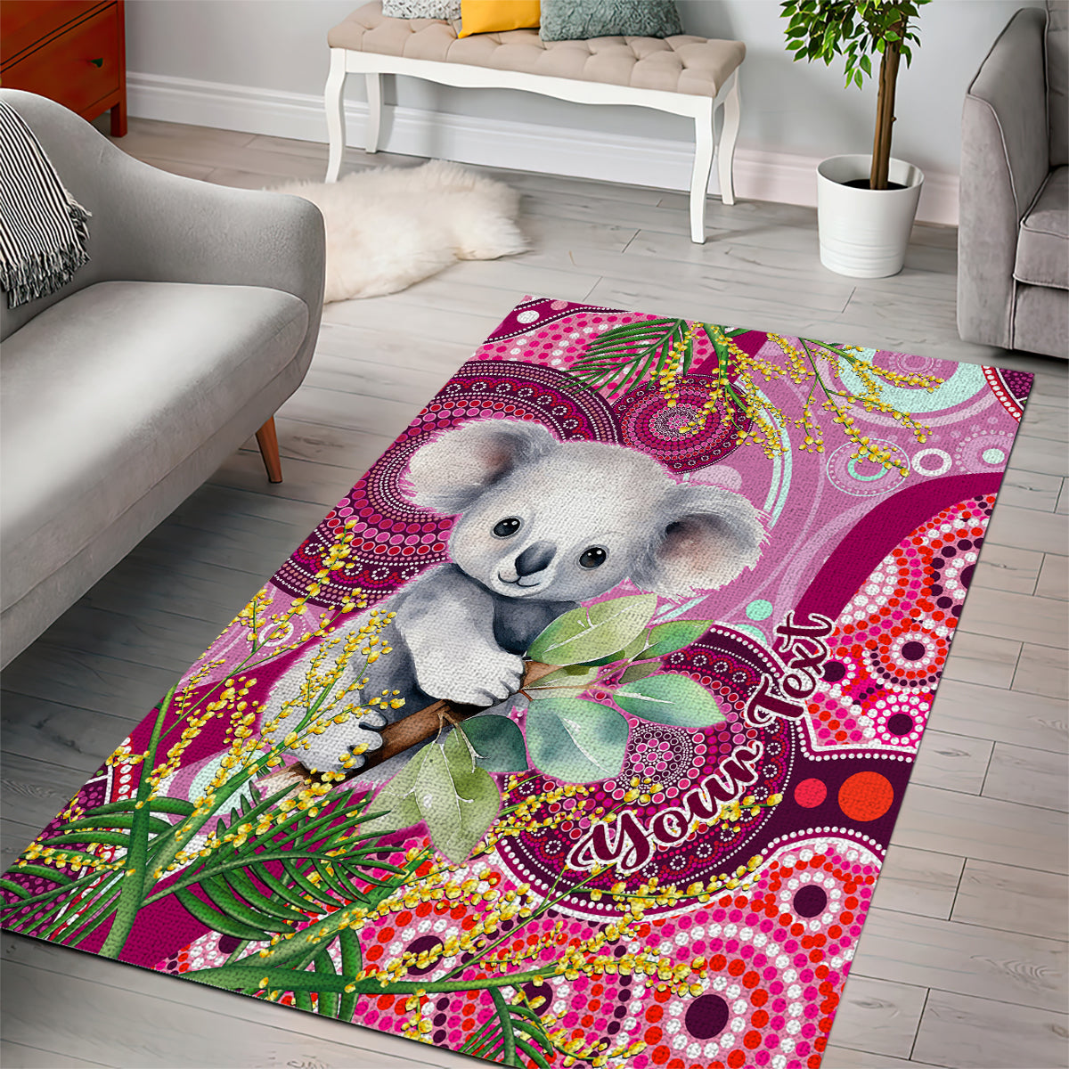 Personalised Australia Area Rug Cute Koala With Golden Wattle Indigenous Art - Vibe Hoodie Shop