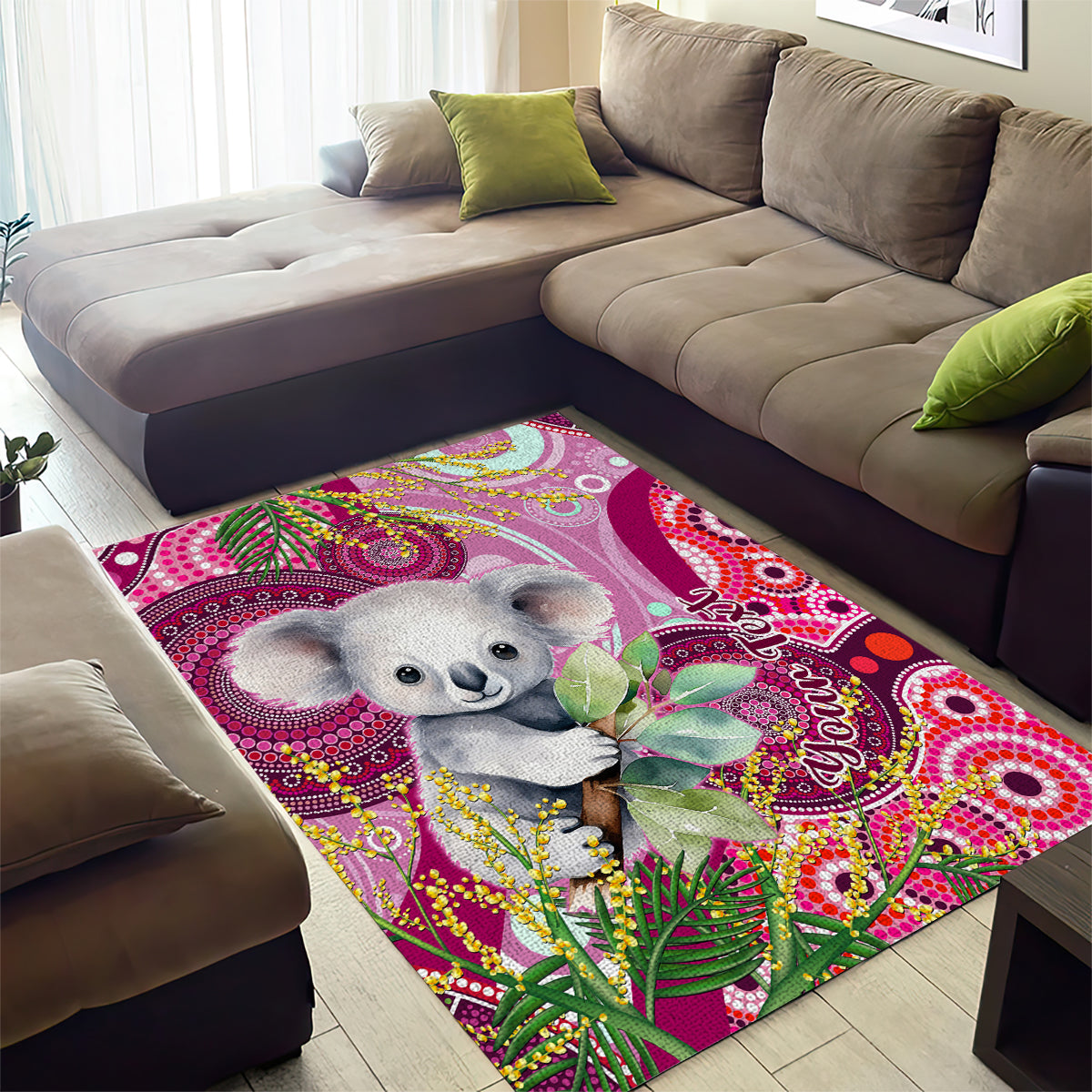 Personalised Australia Area Rug Cute Koala With Golden Wattle Indigenous Art - Vibe Hoodie Shop