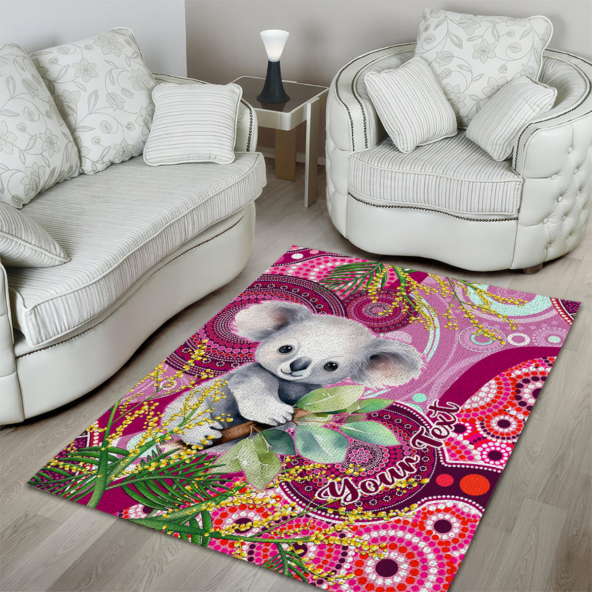 Personalised Australia Area Rug Cute Koala With Golden Wattle Indigenous Art - Vibe Hoodie Shop