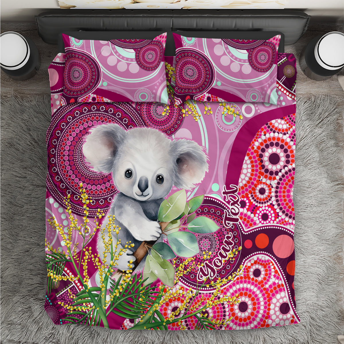 Personalised Australia Bedding Set Cute Koala With Golden Wattle Indigenous Art - Vibe Hoodie Shop