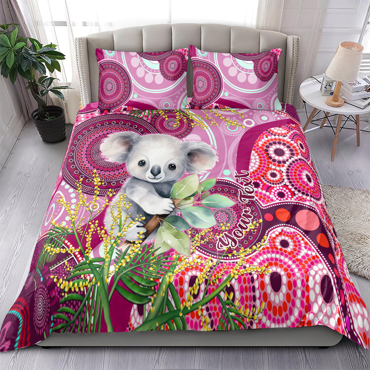 Personalised Australia Bedding Set Cute Koala With Golden Wattle Indigenous Art - Vibe Hoodie Shop