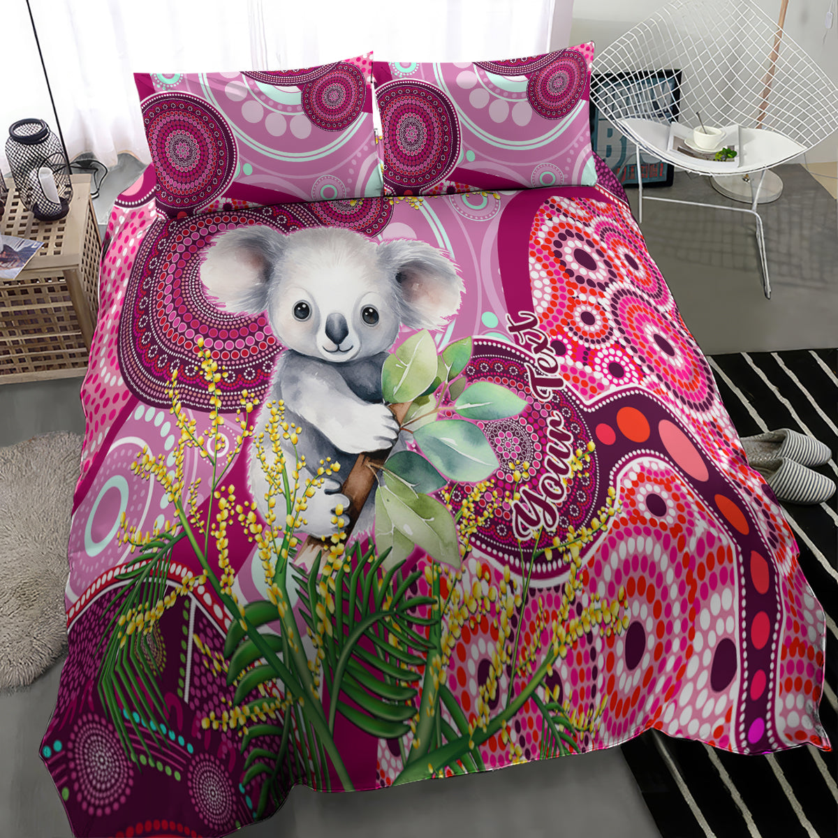 Personalised Australia Bedding Set Cute Koala With Golden Wattle Indigenous Art - Vibe Hoodie Shop