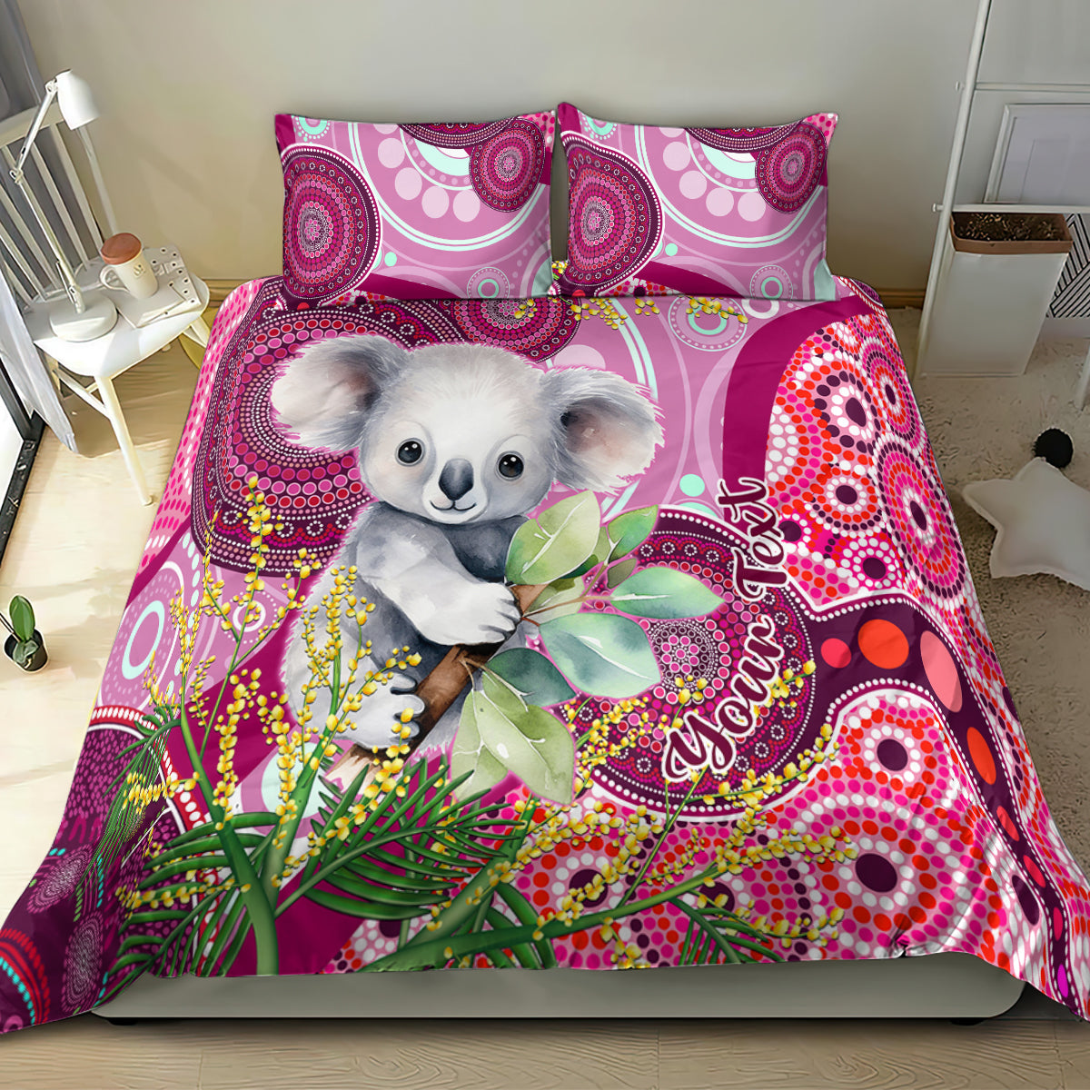 Personalised Australia Bedding Set Cute Koala With Golden Wattle Indigenous Art - Vibe Hoodie Shop