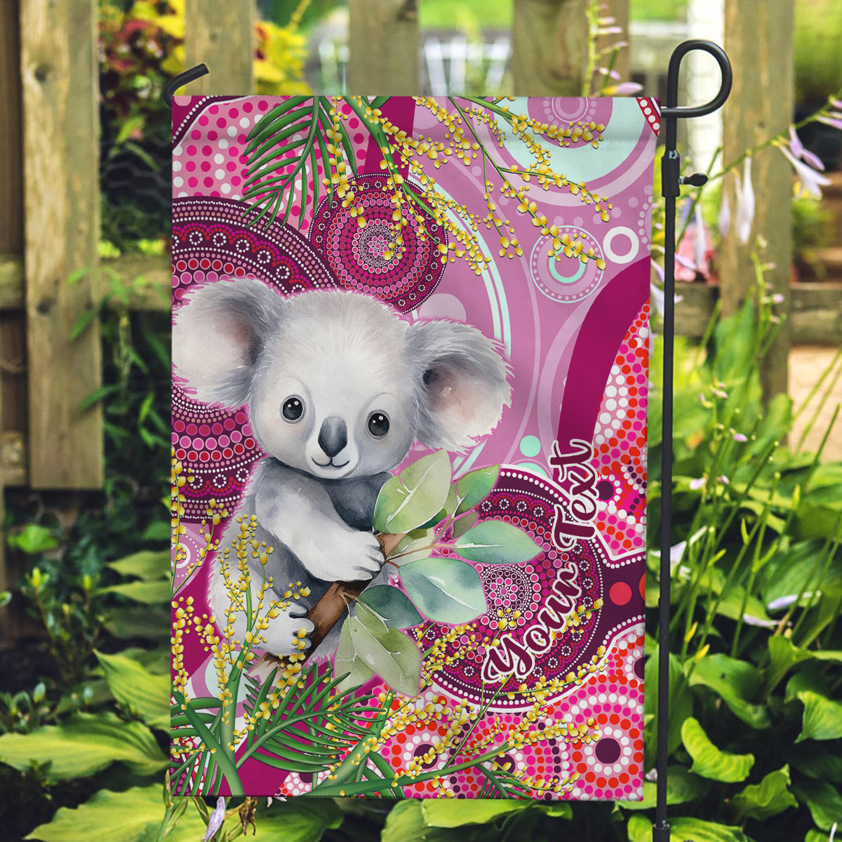 Personalised Australia Garden Flag Cute Koala With Golden Wattle Indigenous Art - Vibe Hoodie Shop