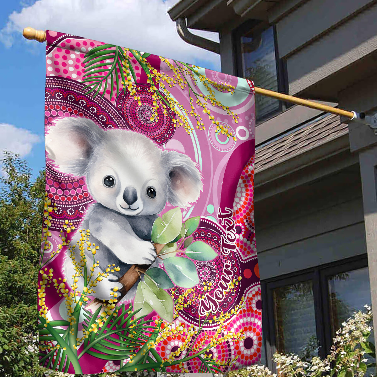 Personalised Australia Garden Flag Cute Koala With Golden Wattle Indigenous Art - Vibe Hoodie Shop