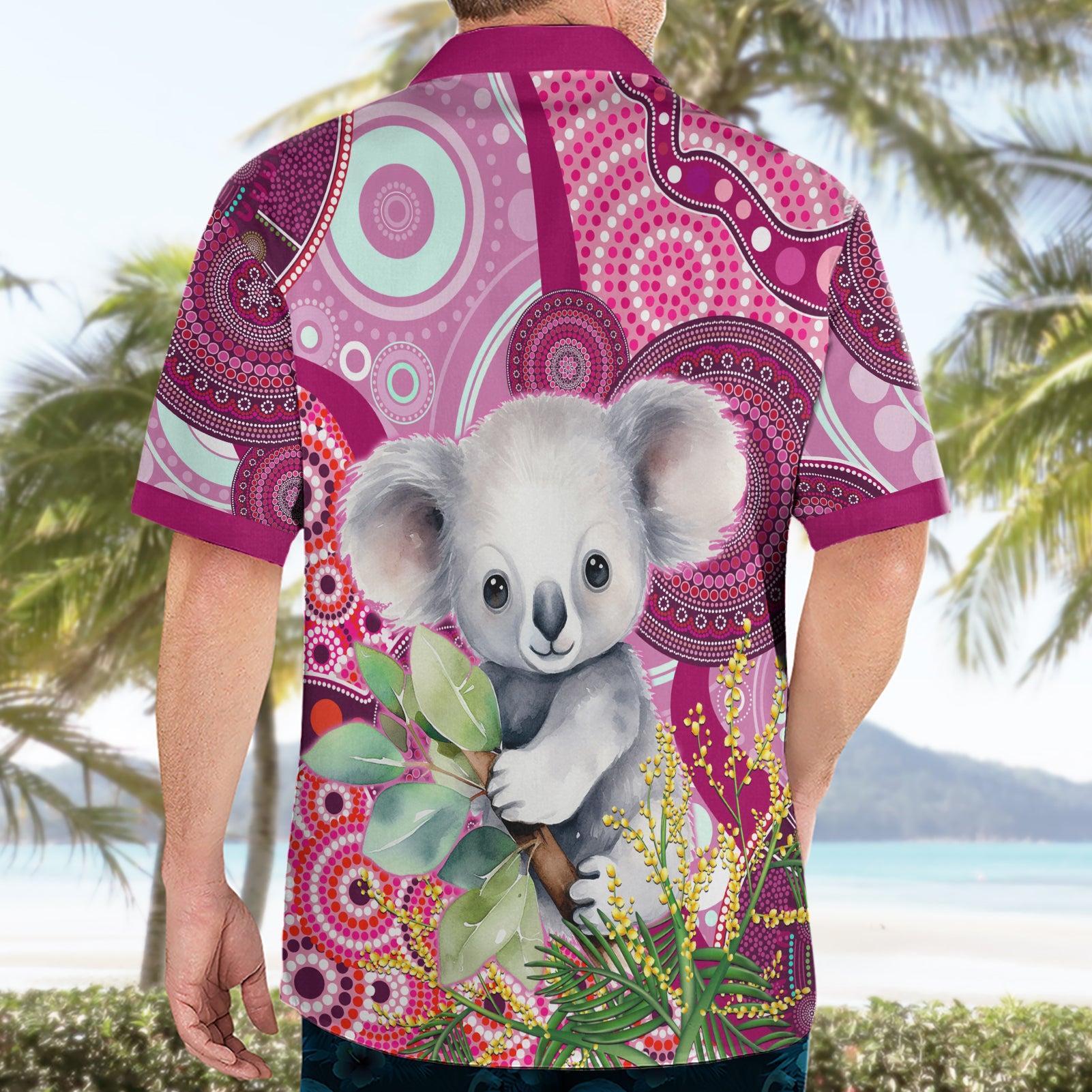 Personalised Australia Hawaiian Shirt Cute Koala With Golden Wattle Indigenous Art - Vibe Hoodie Shop