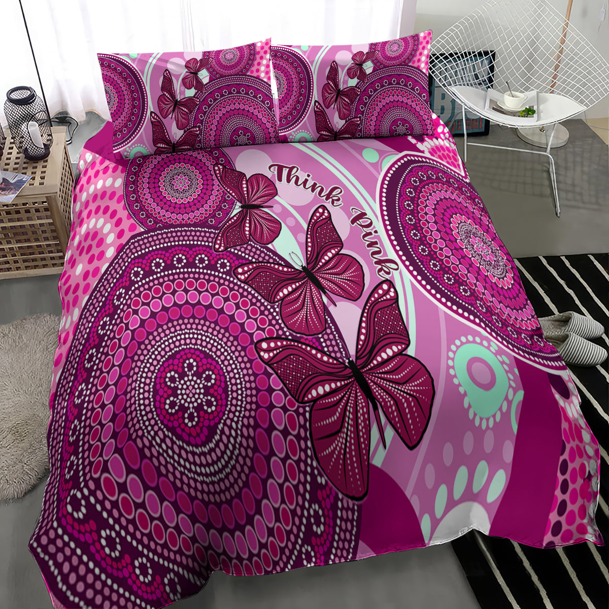 Australia Breast Cancer Bedding Set Indigenous Butterfly No One Fights Alone - Vibe Hoodie Shop