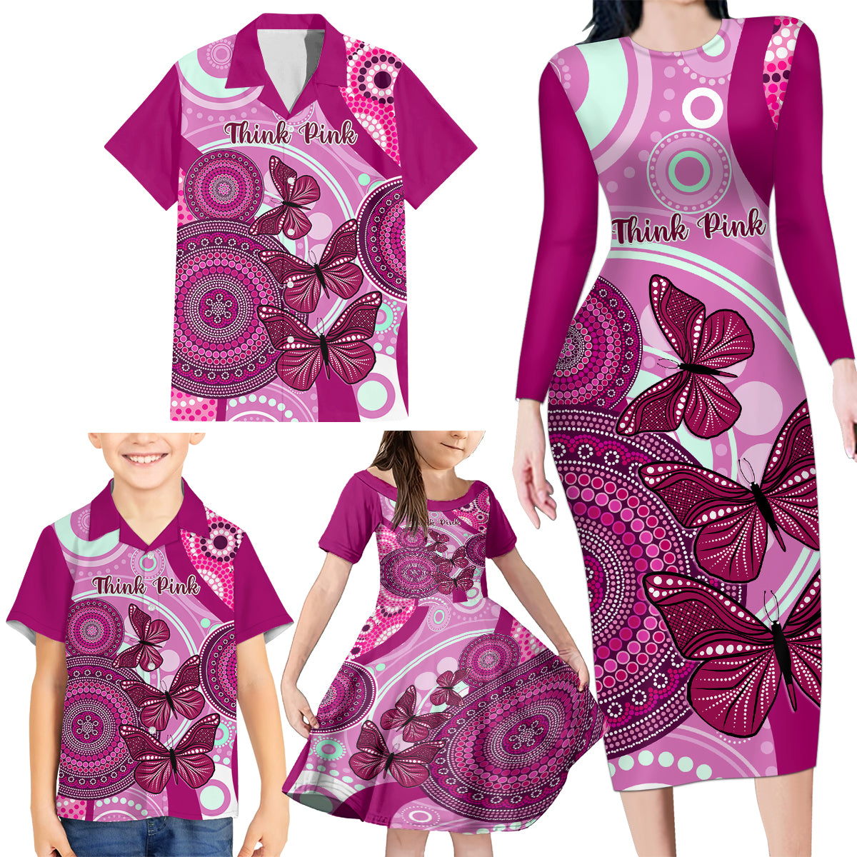 australia-breast-cancer-family-matching-long-sleeve-bodycon-dress-and-hawaiian-shirt-indigenous-butterfly-no-one-fights-alone