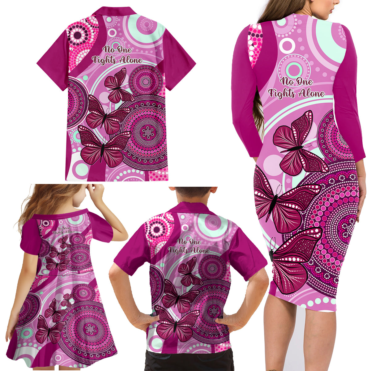 australia-breast-cancer-family-matching-long-sleeve-bodycon-dress-and-hawaiian-shirt-indigenous-butterfly-no-one-fights-alone