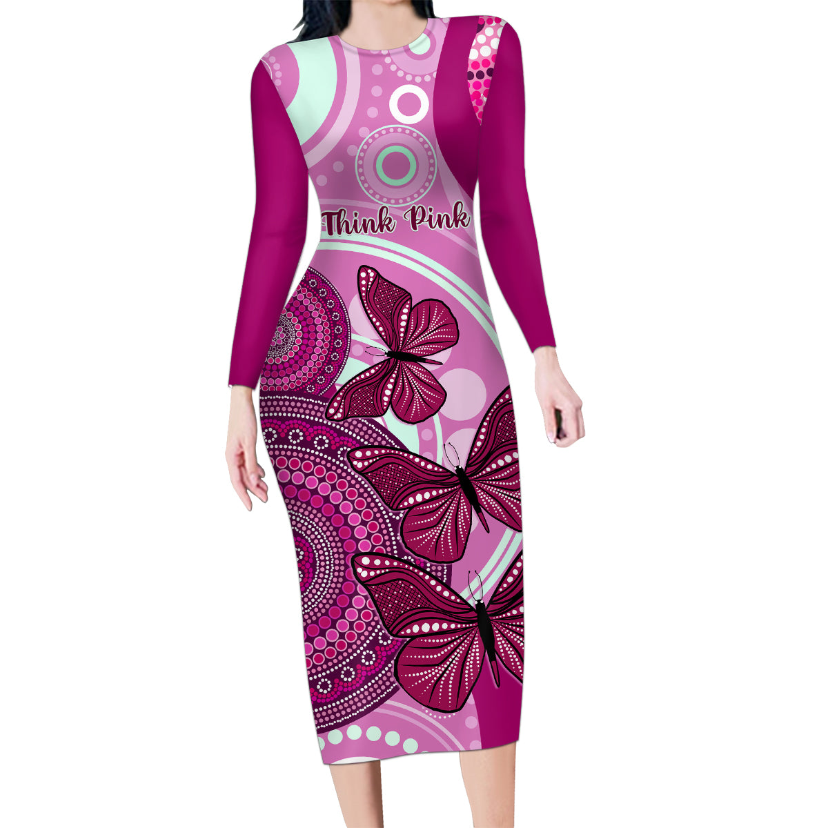 australia-breast-cancer-family-matching-long-sleeve-bodycon-dress-and-hawaiian-shirt-indigenous-butterfly-no-one-fights-alone