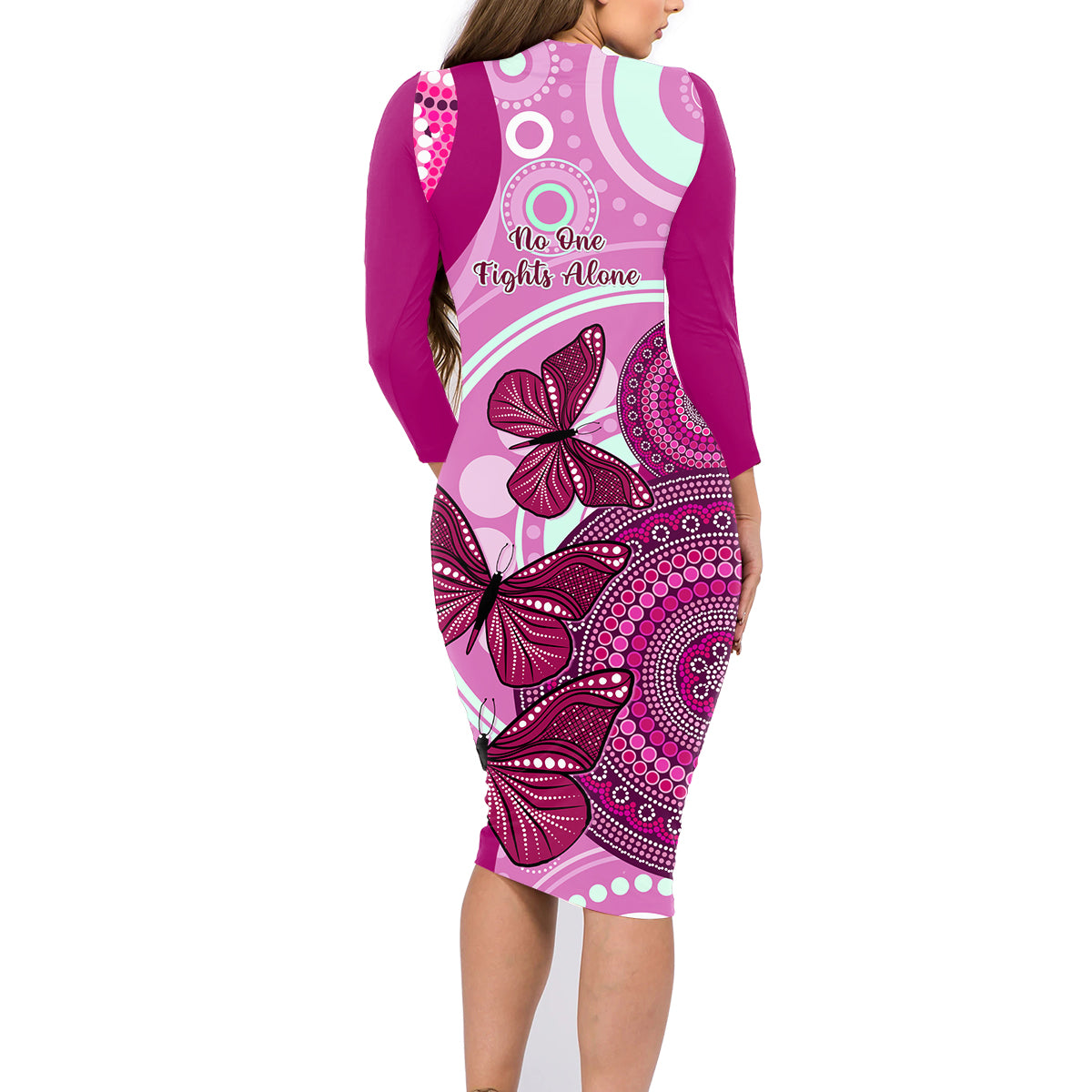 australia-breast-cancer-family-matching-long-sleeve-bodycon-dress-and-hawaiian-shirt-indigenous-butterfly-no-one-fights-alone