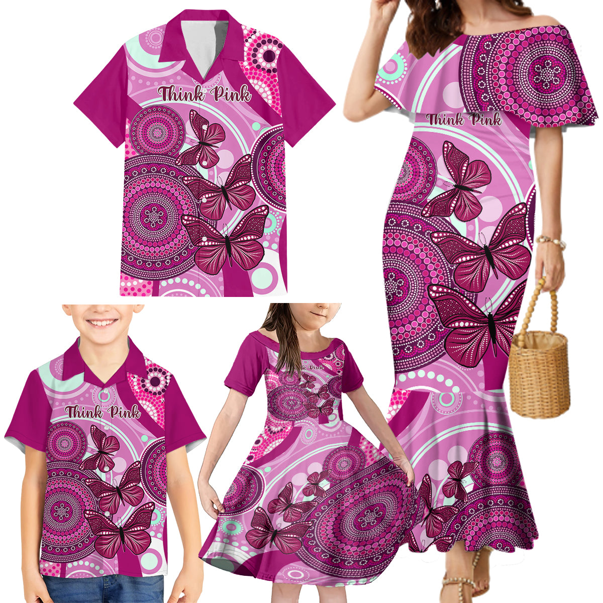 australia-breast-cancer-family-matching-mermaid-dress-and-hawaiian-shirt-indigenous-butterfly-no-one-fights-alone