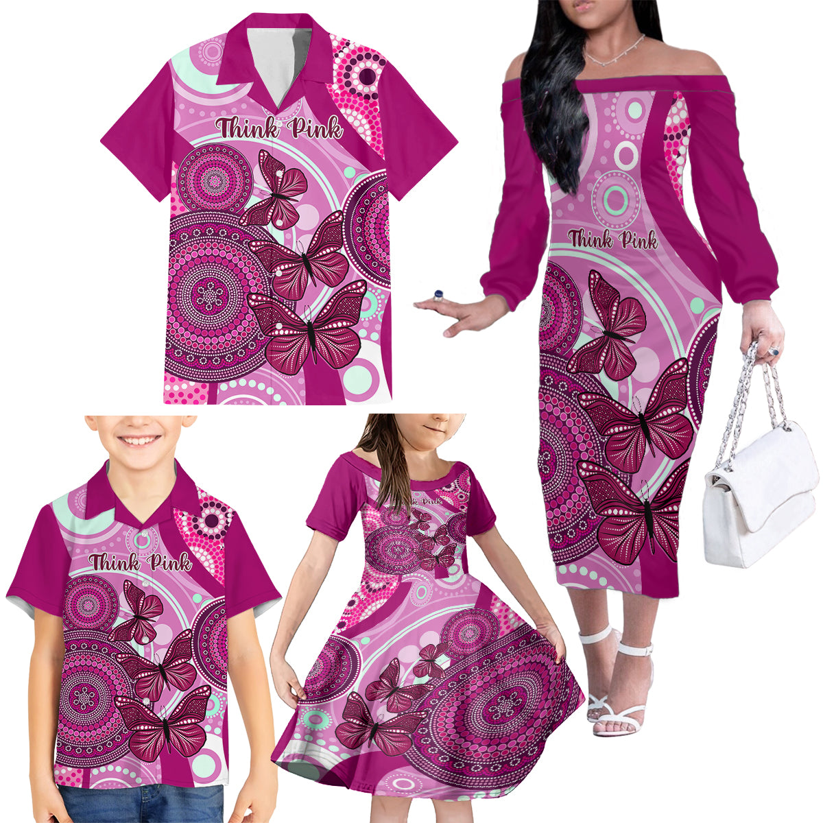 australia-breast-cancer-family-matching-off-shoulder-long-sleeve-dress-and-hawaiian-shirt-indigenous-butterfly-no-one-fights-alone