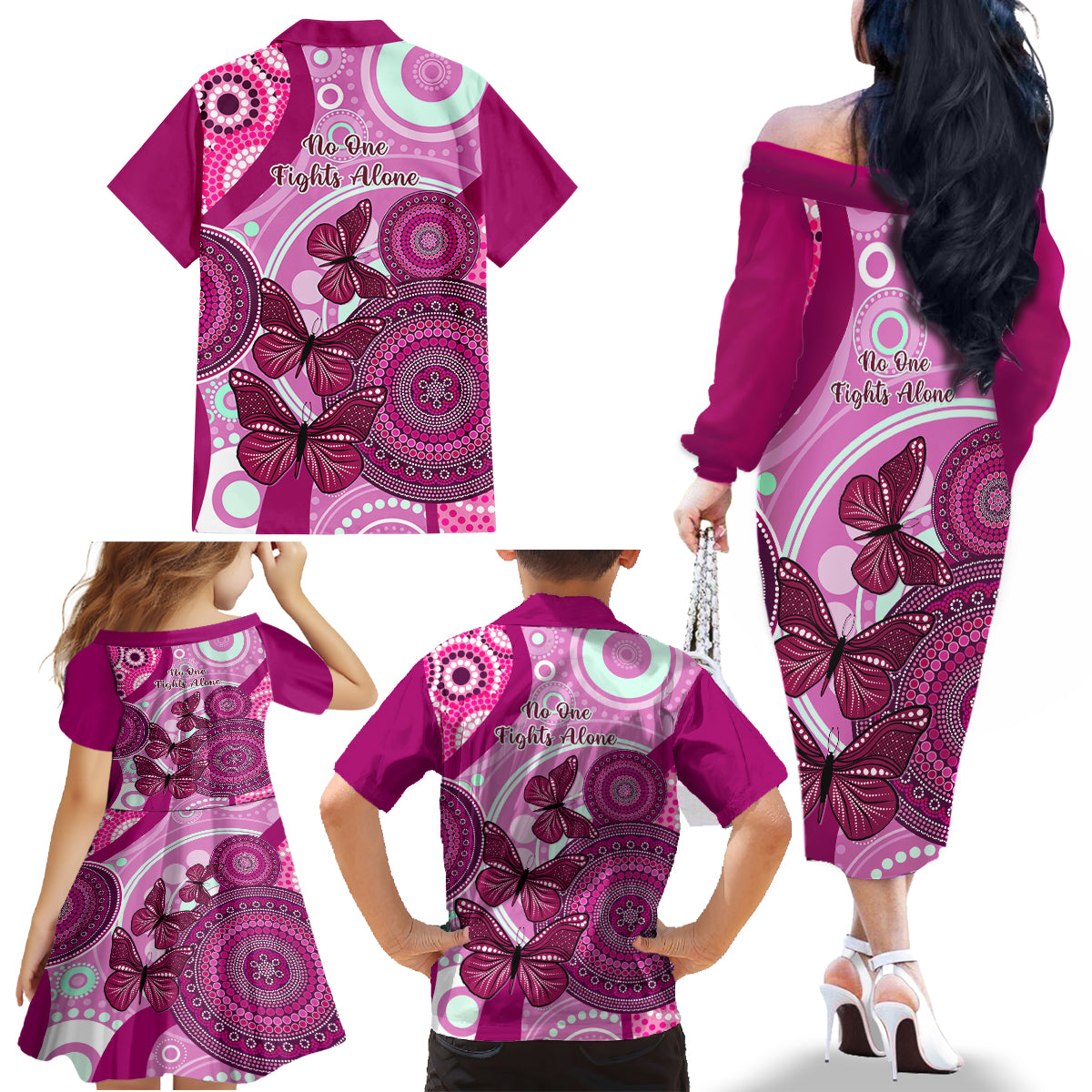 australia-breast-cancer-family-matching-off-shoulder-long-sleeve-dress-and-hawaiian-shirt-indigenous-butterfly-no-one-fights-alone