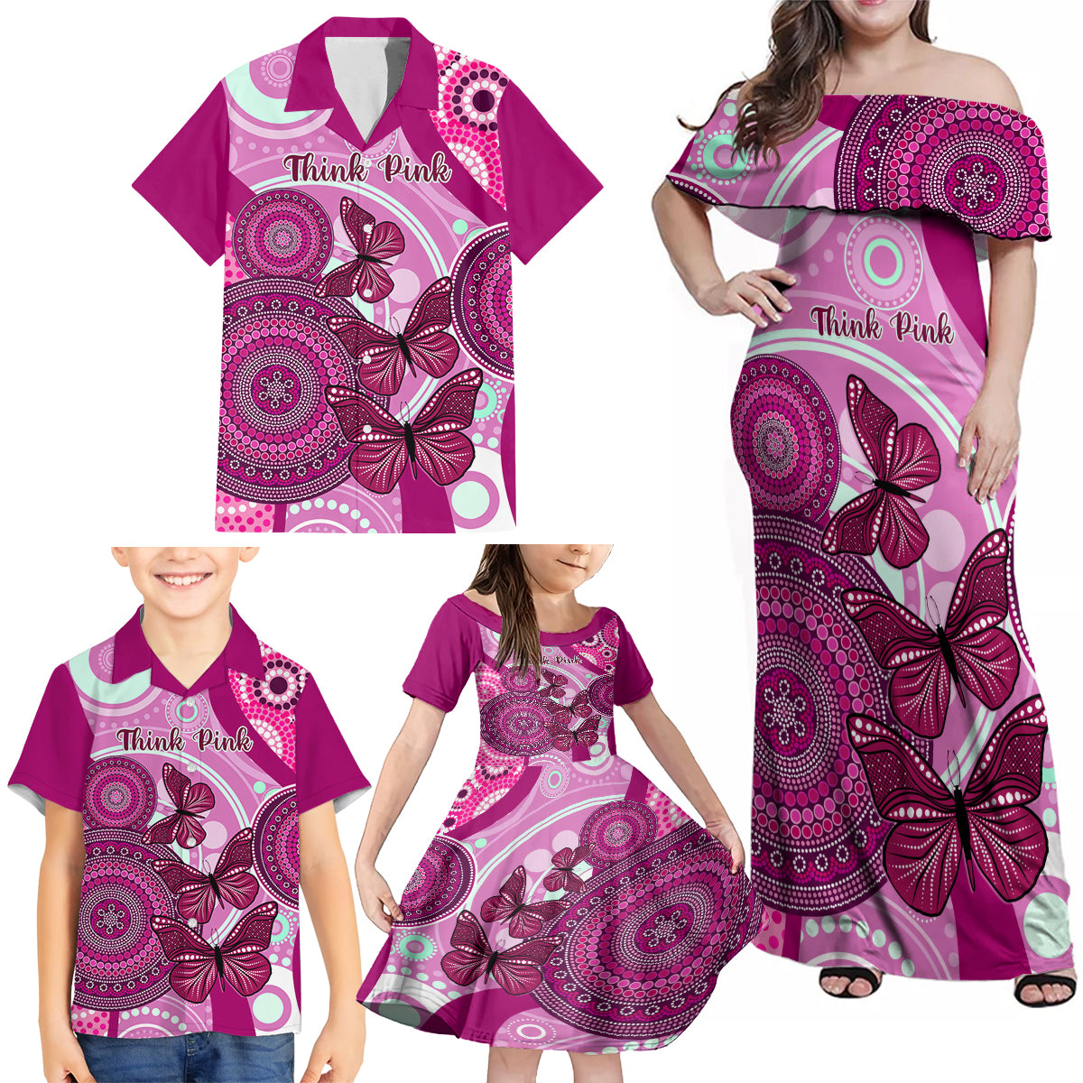 australia-breast-cancer-family-matching-off-shoulder-maxi-dress-and-hawaiian-shirt-indigenous-butterfly-no-one-fights-alone