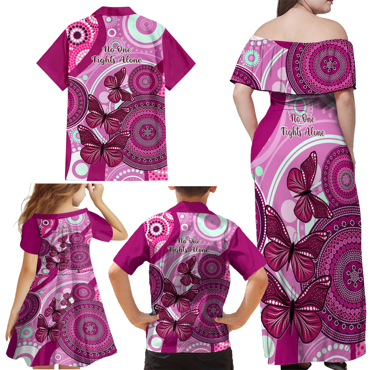 australia-breast-cancer-family-matching-off-shoulder-maxi-dress-and-hawaiian-shirt-indigenous-butterfly-no-one-fights-alone