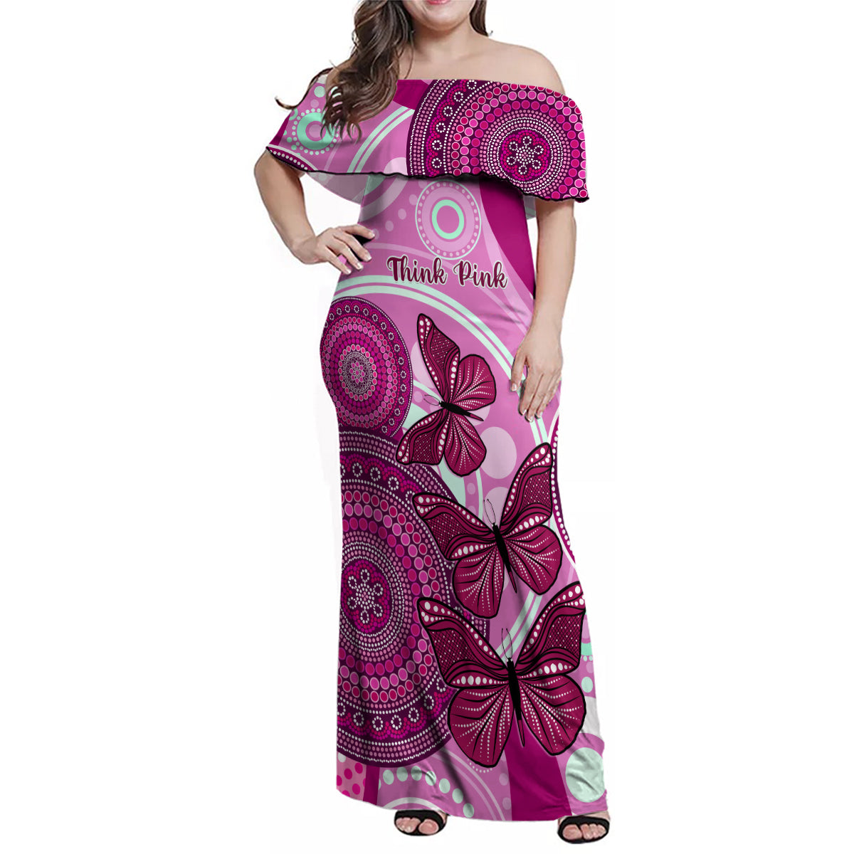 australia-breast-cancer-family-matching-off-shoulder-maxi-dress-and-hawaiian-shirt-indigenous-butterfly-no-one-fights-alone