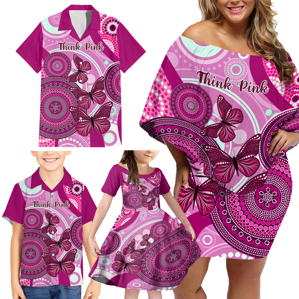 australia-breast-cancer-family-matching-off-shoulder-short-dress-and-hawaiian-shirt-indigenous-butterfly-no-one-fights-alone