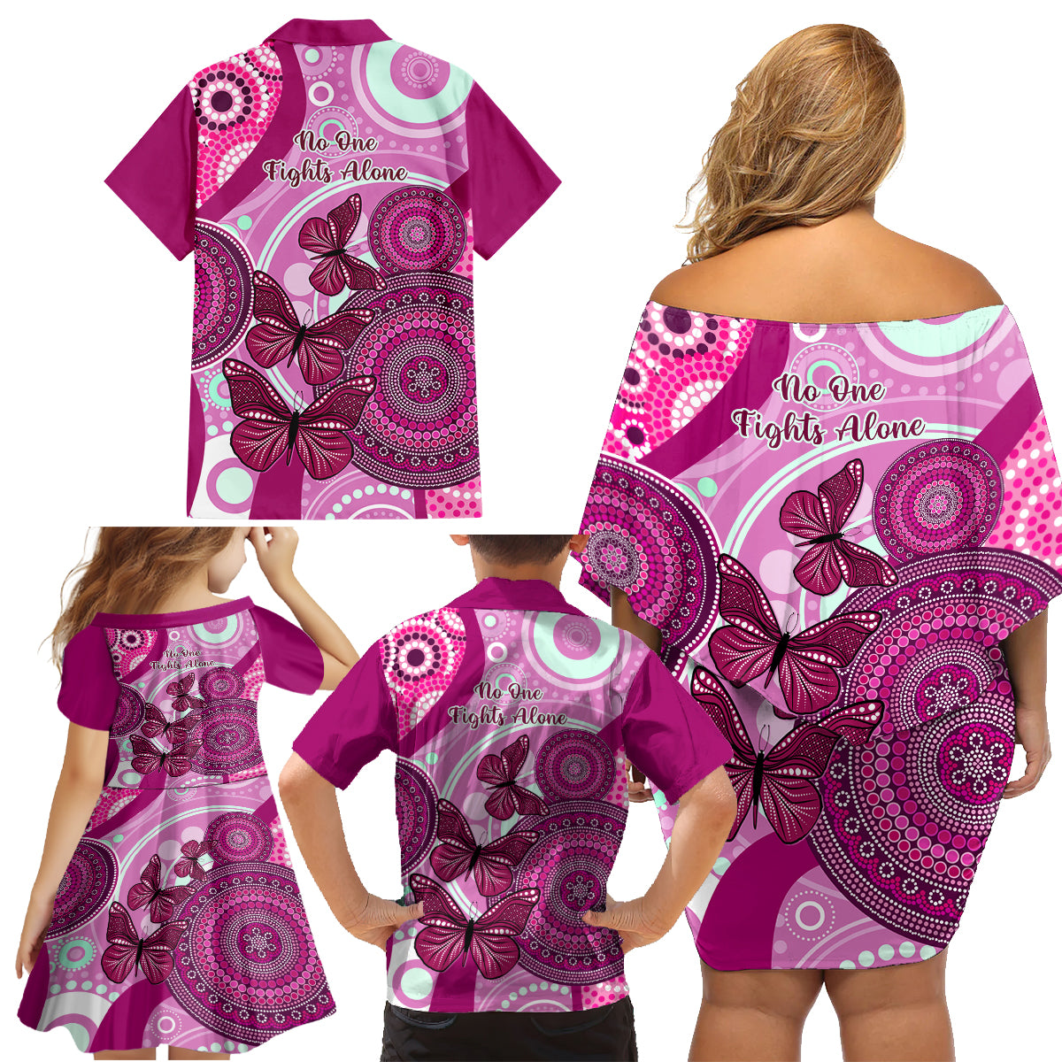 australia-breast-cancer-family-matching-off-shoulder-short-dress-and-hawaiian-shirt-indigenous-butterfly-no-one-fights-alone