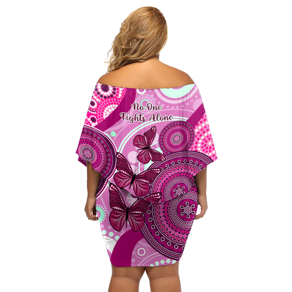 australia-breast-cancer-family-matching-off-shoulder-short-dress-and-hawaiian-shirt-indigenous-butterfly-no-one-fights-alone